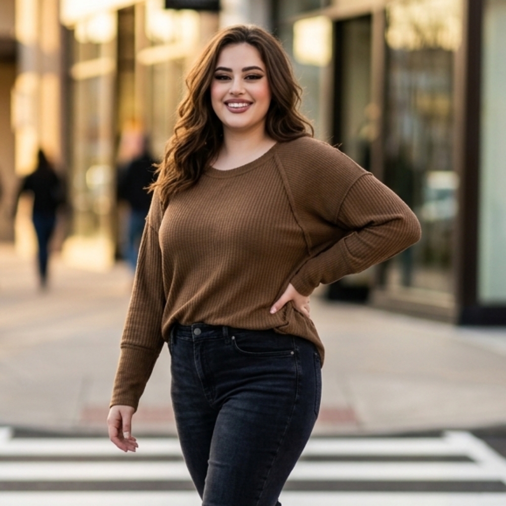 Maurices Waffle Knit Tunic Large Nutmeg Brown 24/7 Wayside Cozy Thermal Top Luxe